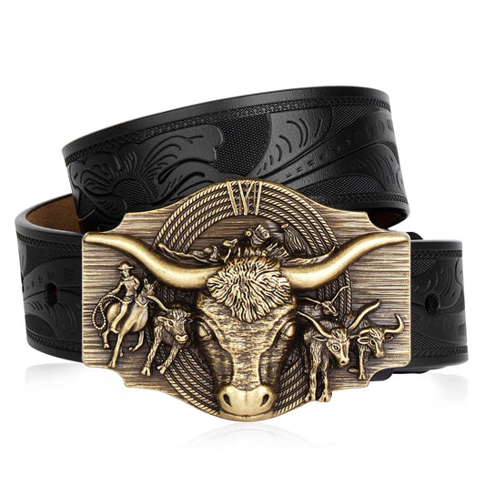 Ceinture Cowboy, Cowgirl en cuir véritable Boucle Taureau Longues Cornes