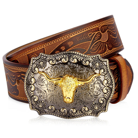 Ceinture Cowboy en Cuir Véritable Boucle Longues Cornes Dorées