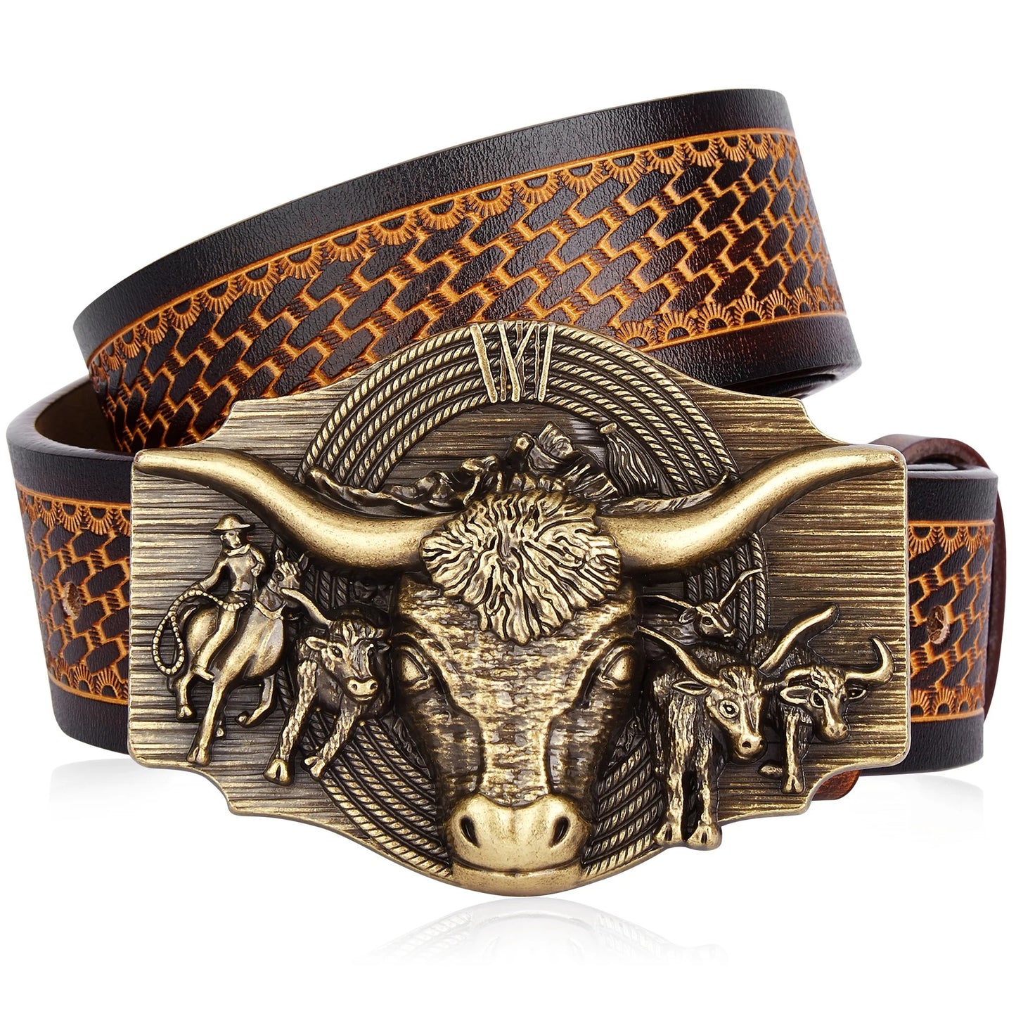 Ceinture Cowboy, Cowgirl en cuir véritable Boucle Taureau Longues Cornes