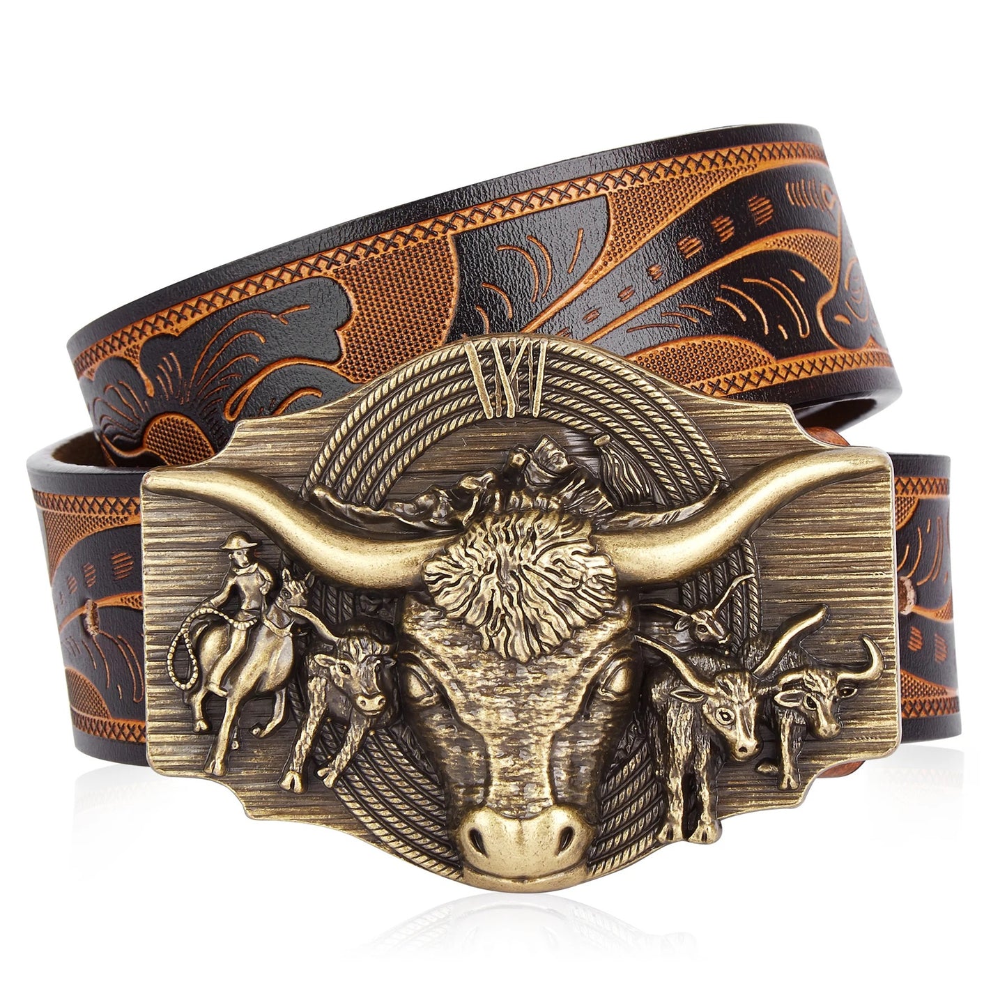 Ceinture Cowboy, Cowgirl en cuir véritable Boucle Taureau Longues Cornes