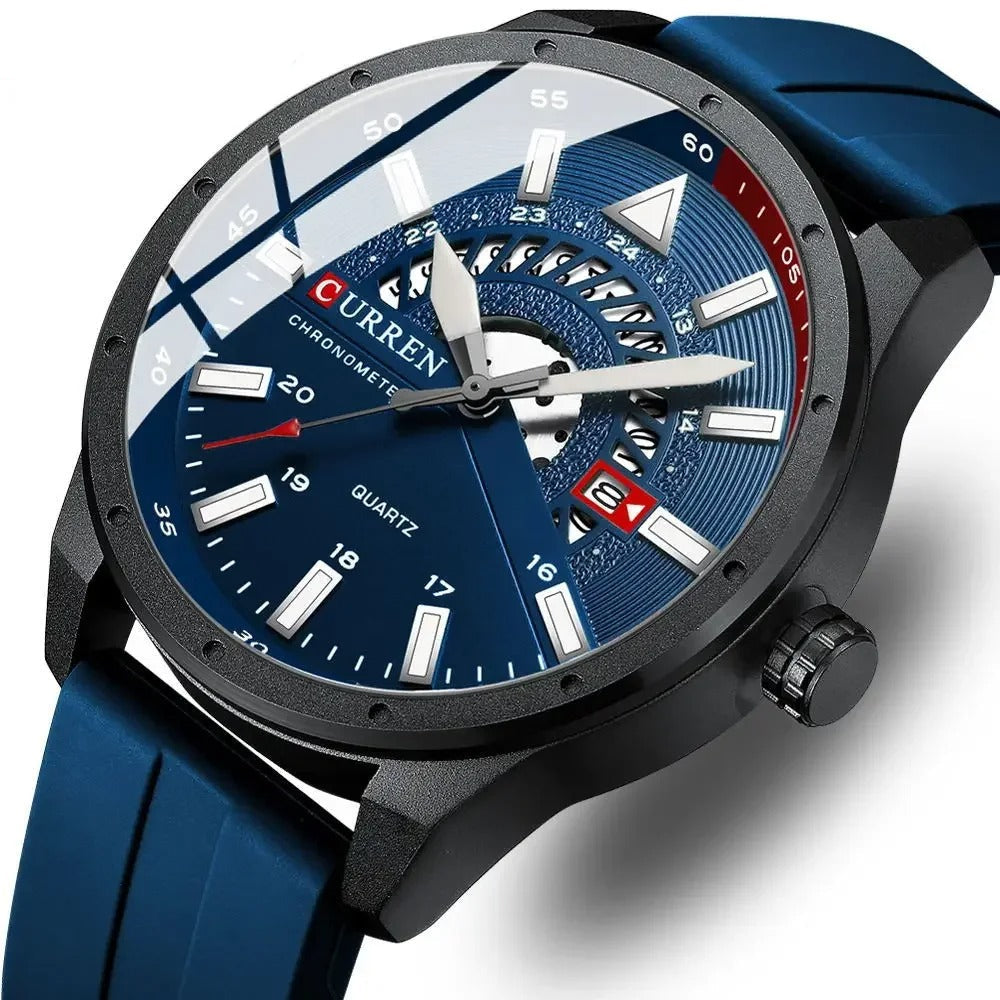Men's Curren blue chronograph quartz watch with modern dial design and blue silicone strap