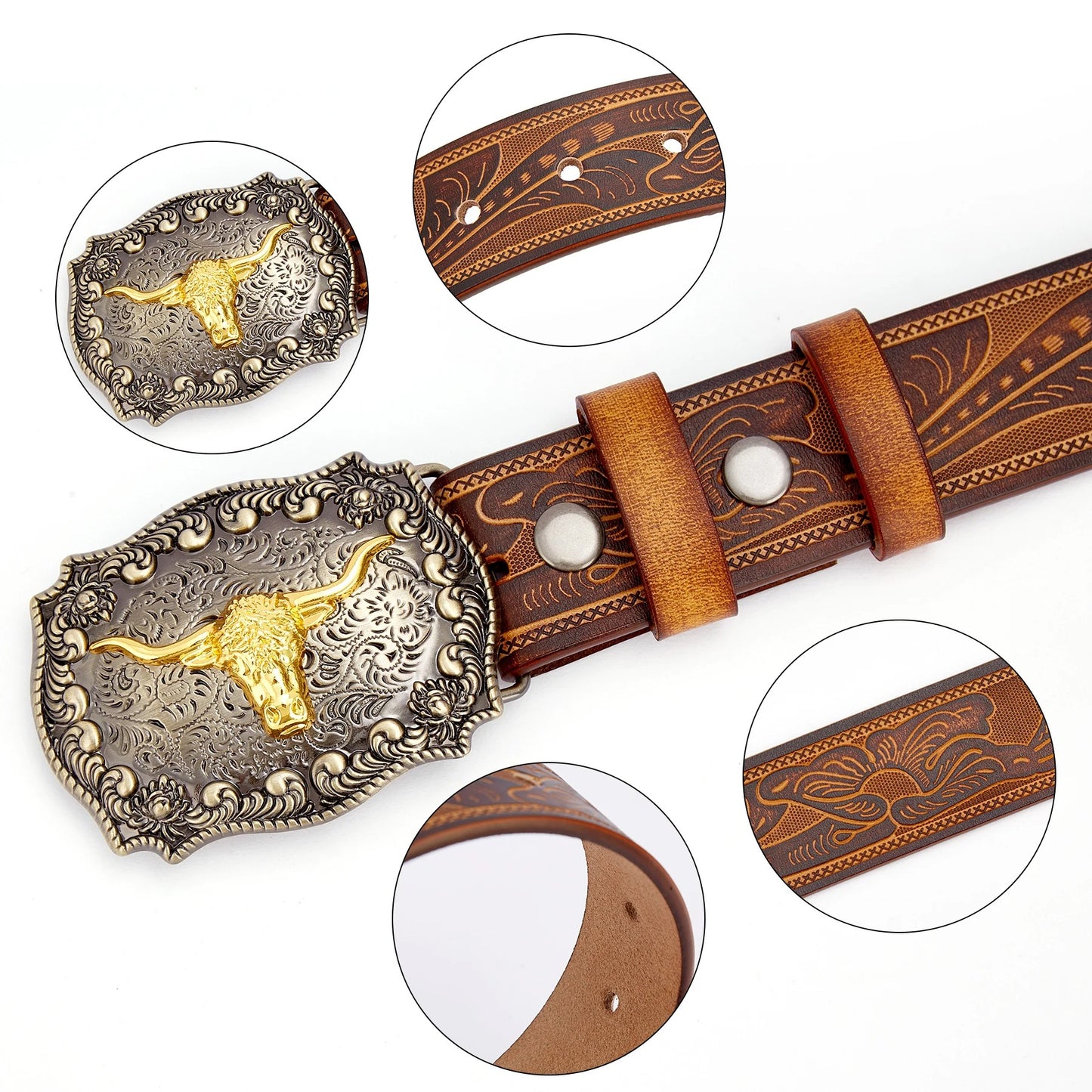 Ceinture Cowboy en Cuir Véritable Boucle Longues Cornes Dorées