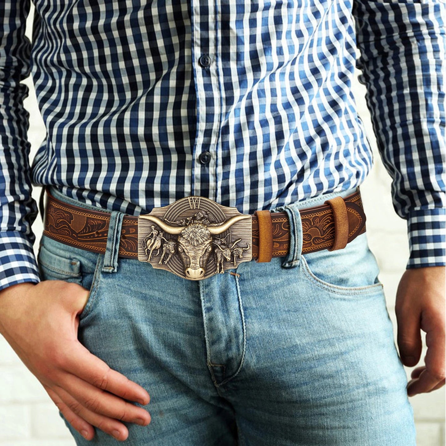 Ceinture Cowboy, Cowgirl en cuir véritable Boucle Taureau Longues Cornes