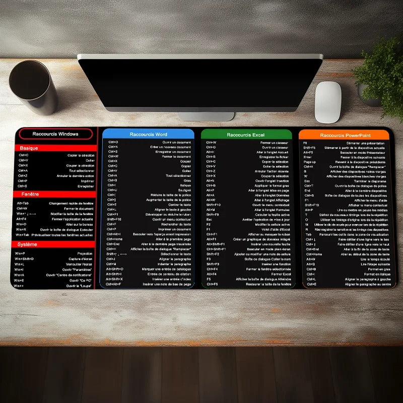 Tapis de souris Raccourcis Windows, Excel, Word, Power point en Français