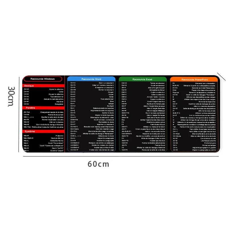 Tapis de souris Raccourcis Windows, Excel, Word, Power point en Français