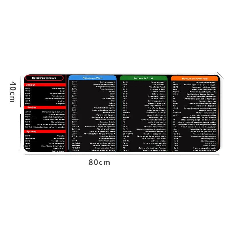 Tapis de souris Raccourcis Windows, Excel, Word, Power point en Français