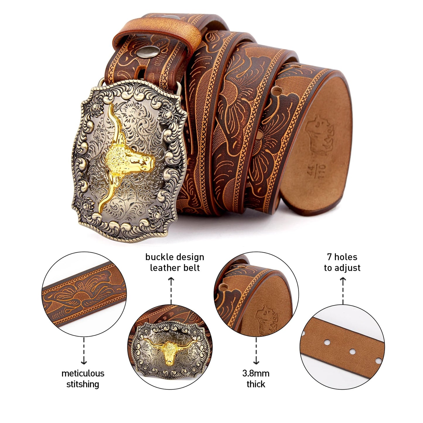 Ceinture Cowboy en Cuir Véritable Boucle Longues Cornes Dorées