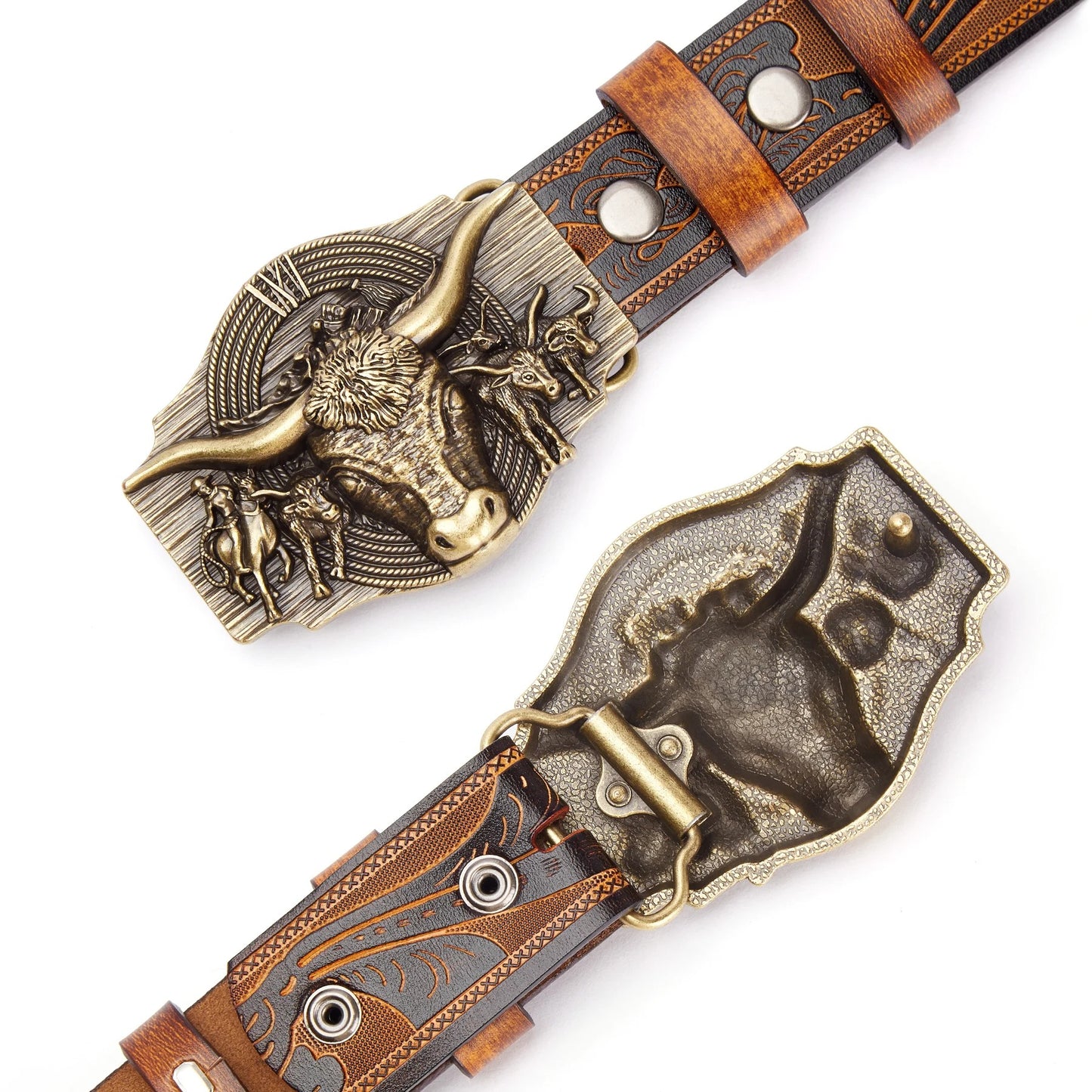 Ceinture Cowboy, Cowgirl en cuir véritable Boucle Taureau Longues Cornes