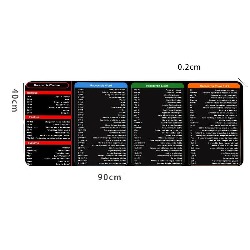 Tapis de souris Raccourcis Windows, Excel, Word, Power point en Français
