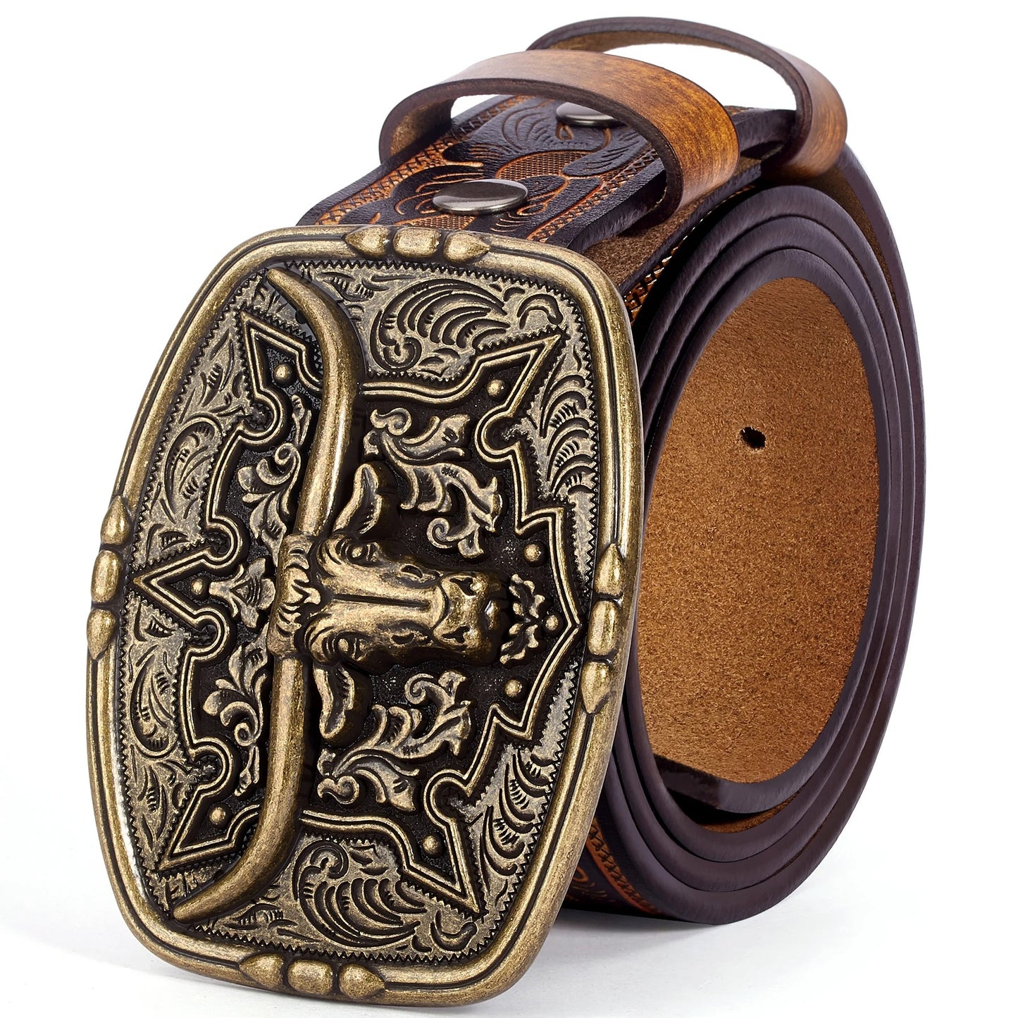Ceinture Cowboy Boucle Taureau en Cuir Gaufré