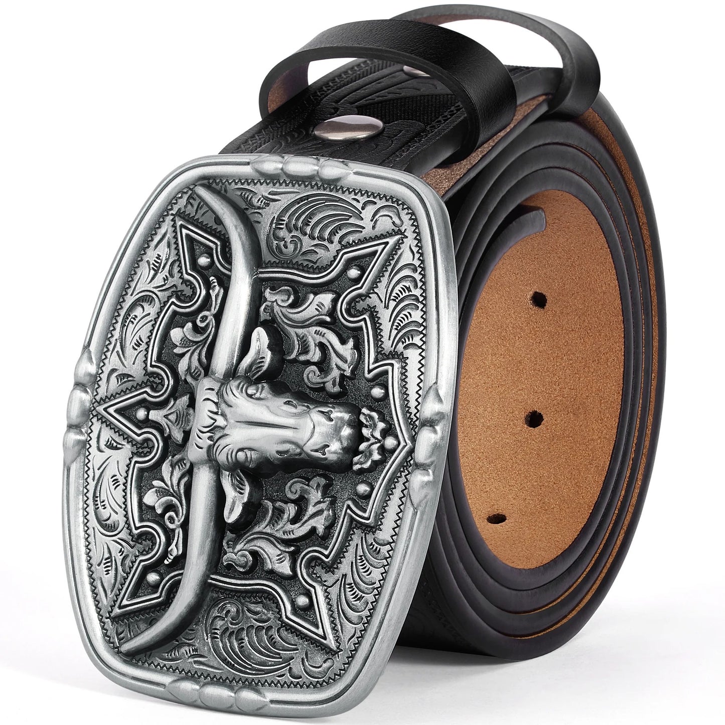 Ceinture Cowboy Boucle Taureau en Cuir Gaufré