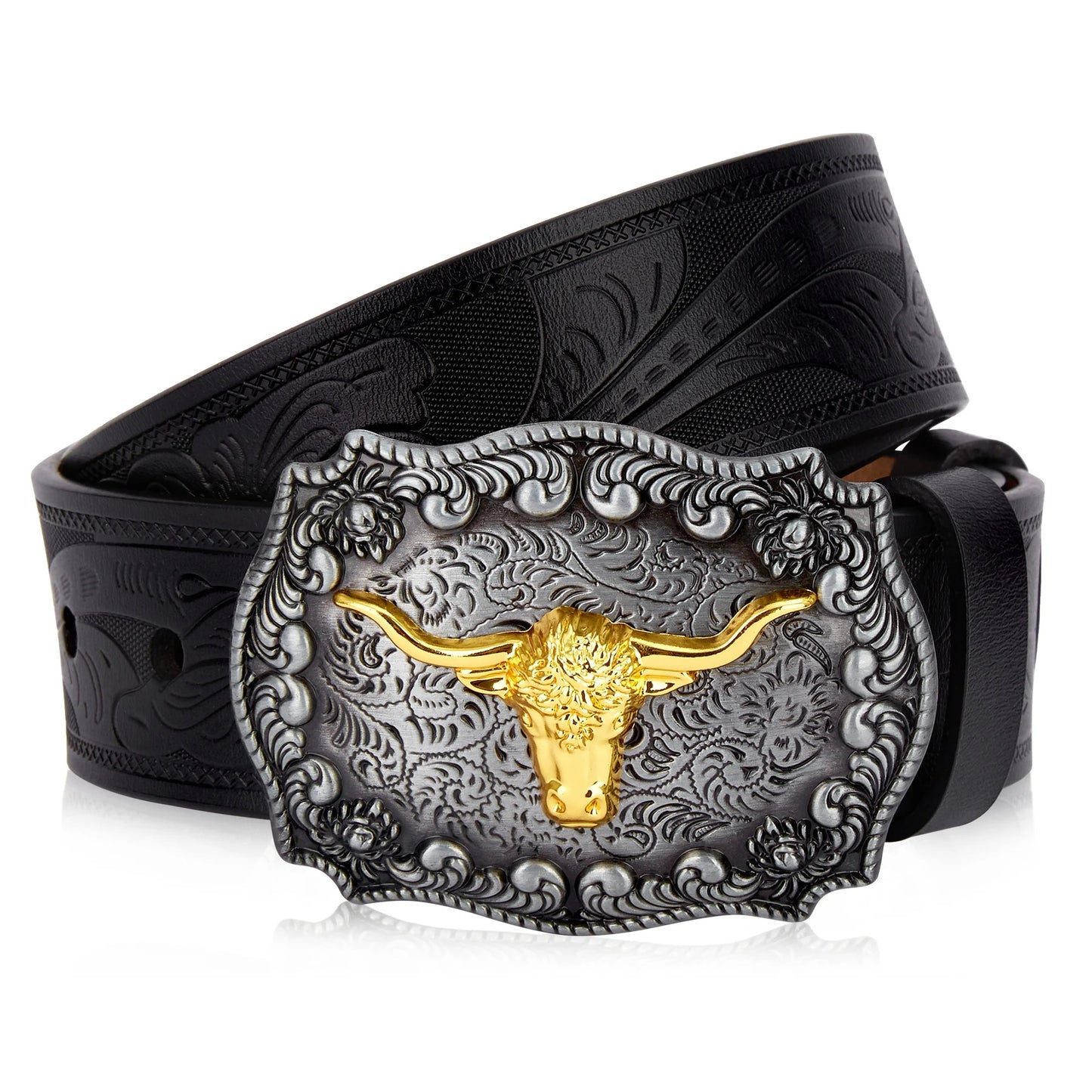 Ceinture Cowboy en Cuir Véritable Boucle Longues Cornes Dorées