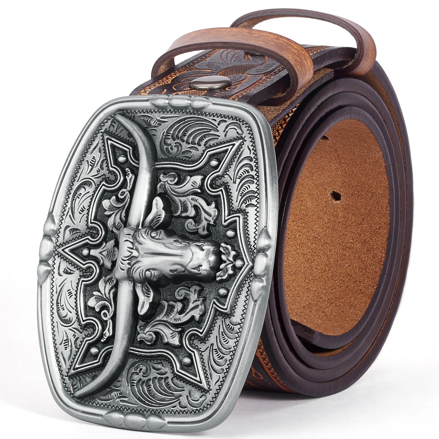 Ceinture Cowboy Boucle Taureau en Cuir Gaufré