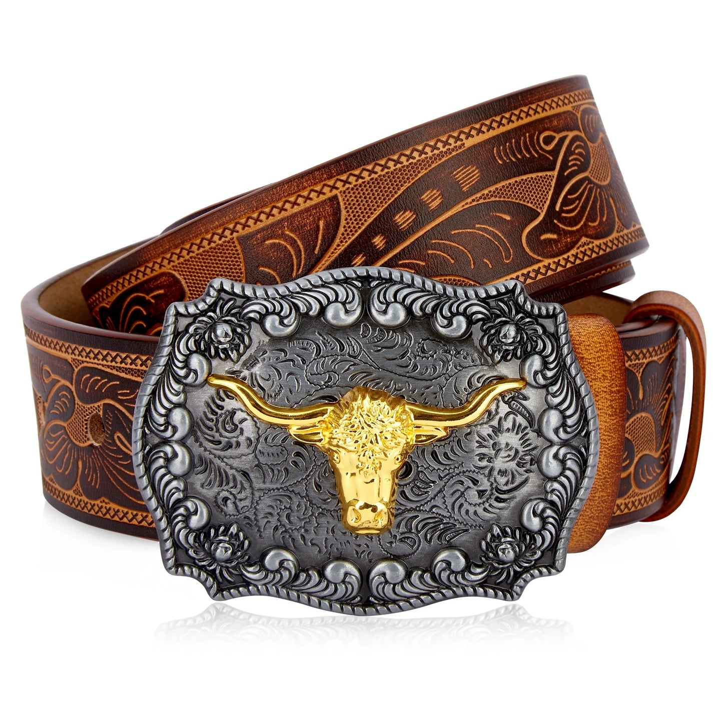 Ceinture Cowboy en Cuir Véritable Boucle Longues Cornes Dorées