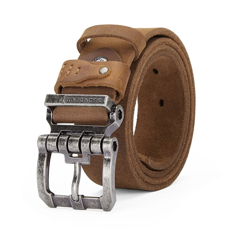 Brown leather belt with vintage silver buckle, men's fashion accessory from My Best Store