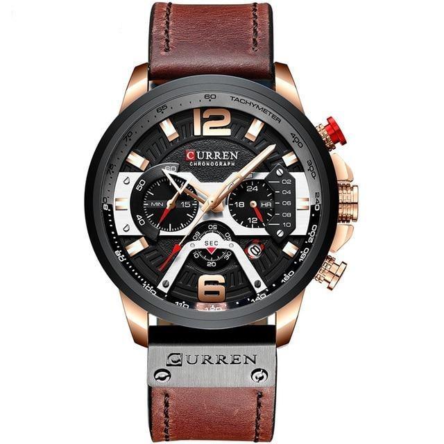 Montre de luxe étanche, bracelet cuir, noire