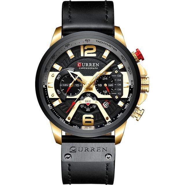 Montre de luxe étanche, bracelet cuir or et noir