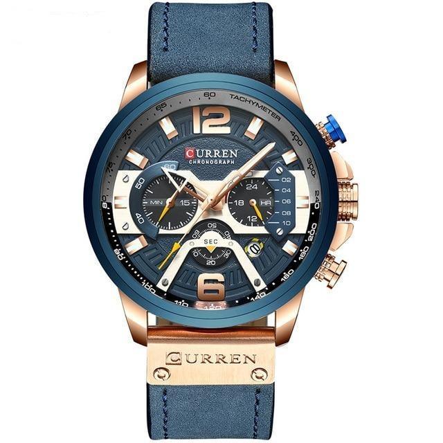 Montre de luxe étanche, bracelet cuir rose et bleu