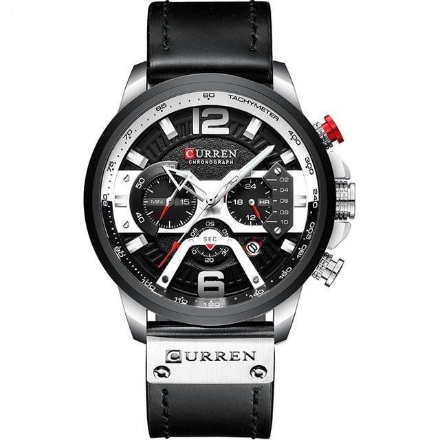 Montre de luxe étanche, bracelet cuir argent et noir