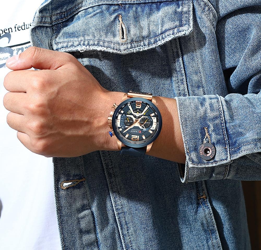 Montre de luxe étanche, bracelet cuir portée