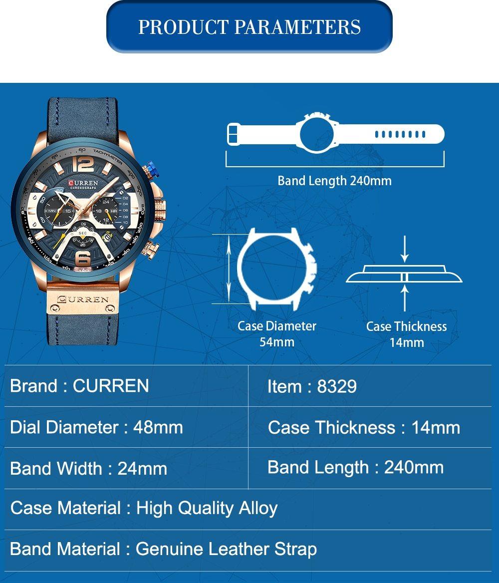 Montre de luxe étanche, bracelet cuir fiche techhnique