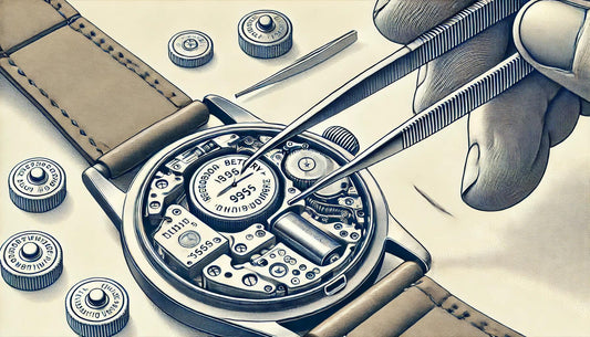 Close-up of watch battery change with tweezers, leather strap, and spare batteries