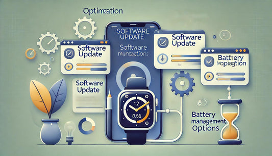 Smartwatch connected to smartphone with software update and battery management graphics, My Best Store