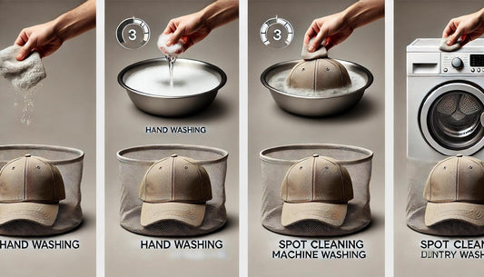 Step-by-step cap cleaning guide with hand washing and machine washing methods, beige baseball cap in mesh bag, My Best Store accessories