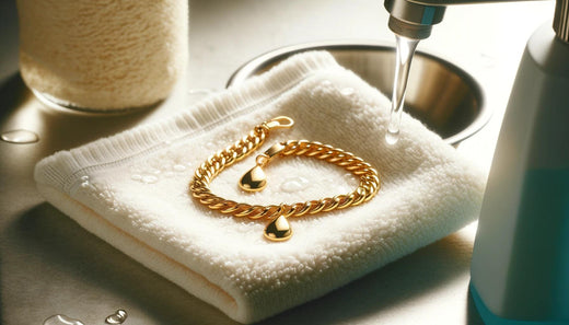 Gold bracelet on white towel near sink, jewelry cleaning at home, My Best Store style