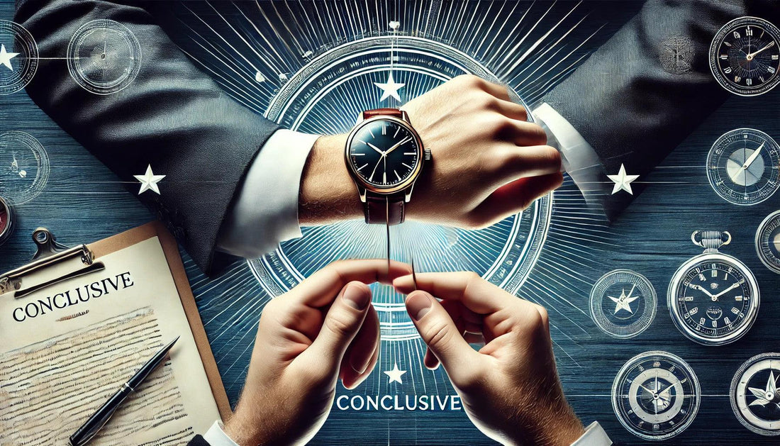 Adjusting a classic wristwatch on a suited wrist, watch accessories background, My Best Store