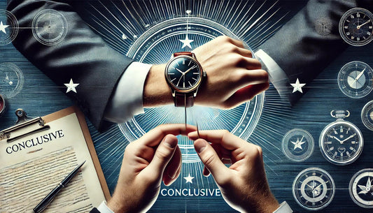 Adjusting a classic wristwatch on a suited wrist, watch accessories background, My Best Store