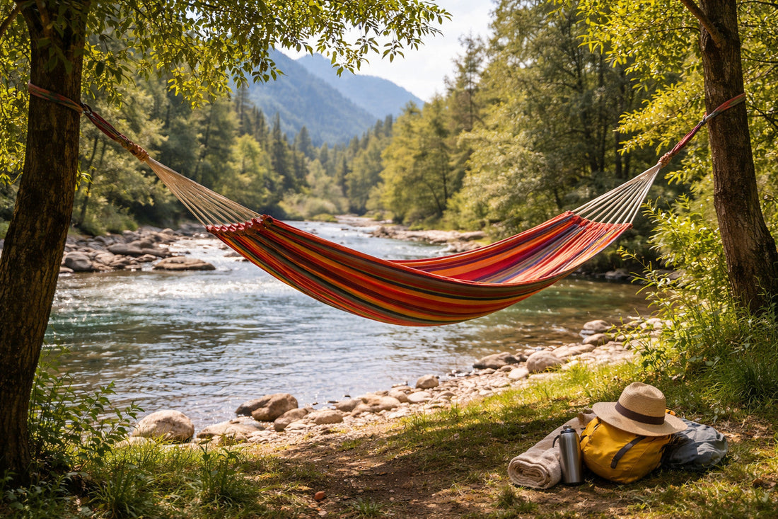Striped hammock between trees by a river, with backpack, hat, and blanket in nature