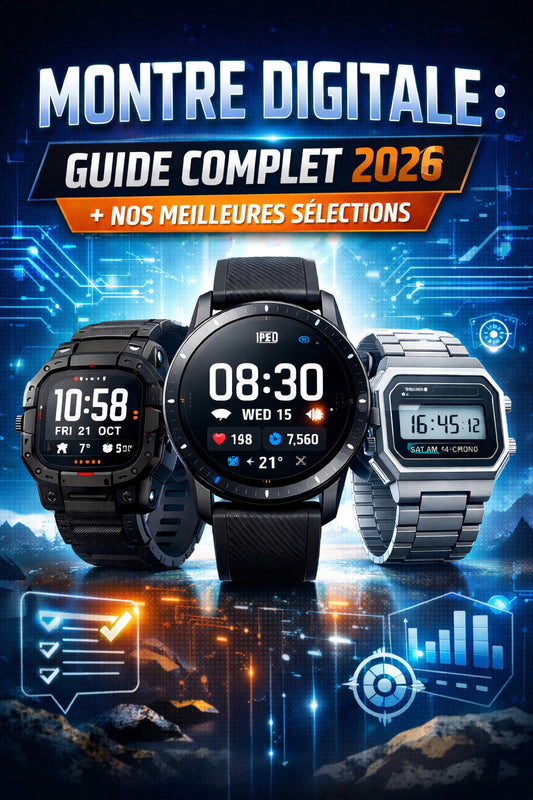 Three digital watches in black and silver with illuminated displays, futuristic tech background, My Best Store accessories guide 2026.