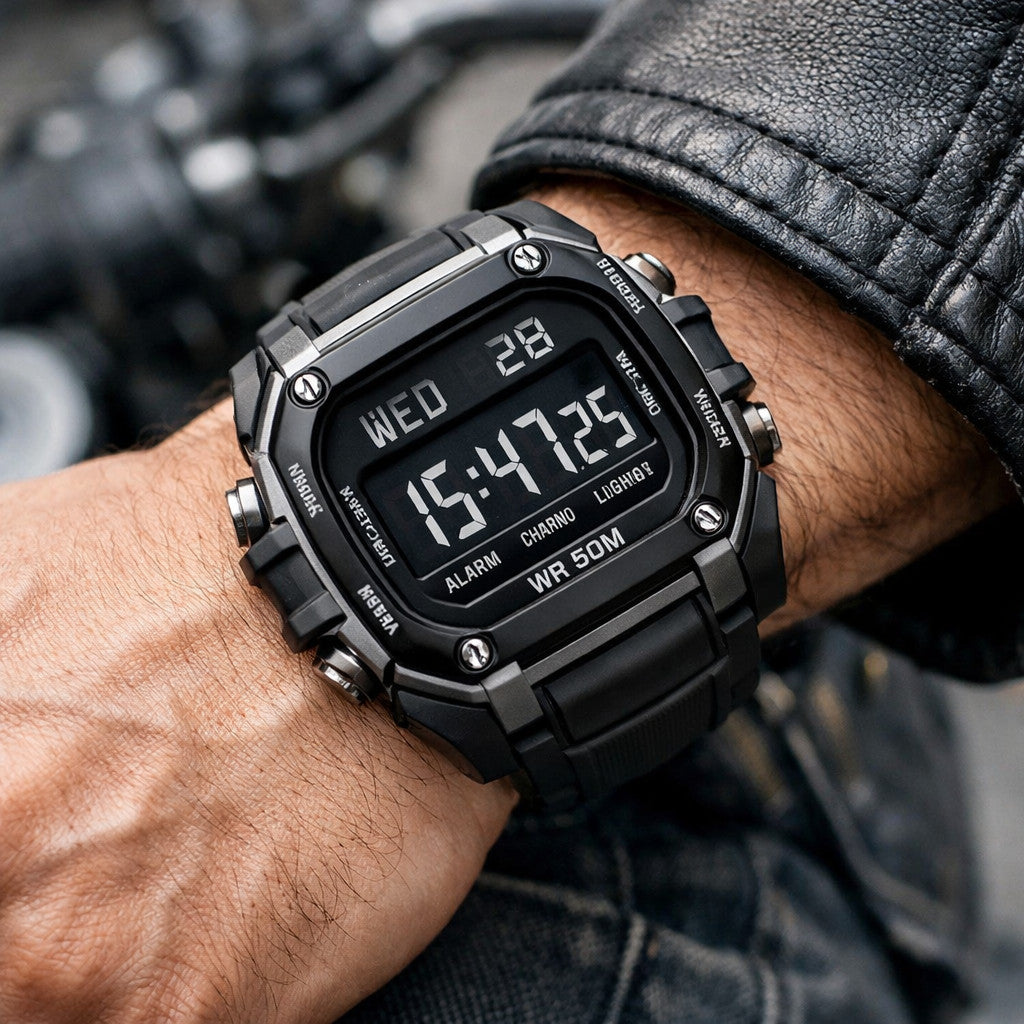 Men's digital watch with black strap on wrist, rugged design, stylish accessory
