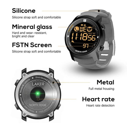 Montre Digitale Homme NORTH EDGE – Sport & Militaire, Étanche 50M, Cardio, Podomètre & Chronomètre