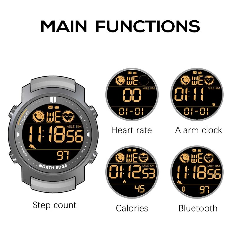 Montre Digitale Homme NORTH EDGE – Sport & Militaire, Étanche 50M, Cardio, Podomètre & Chronomètre