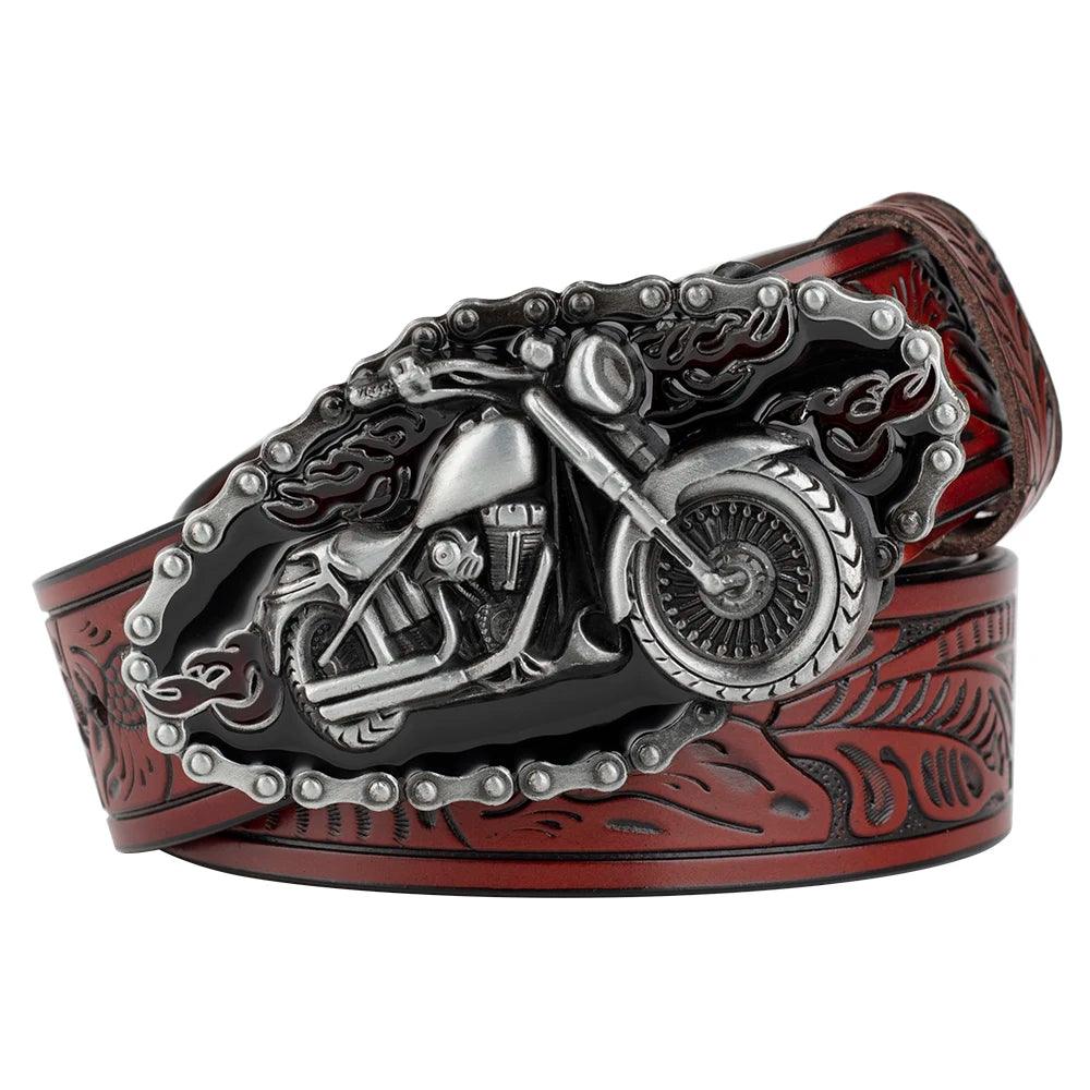 ceinture boucle moto marron rouge