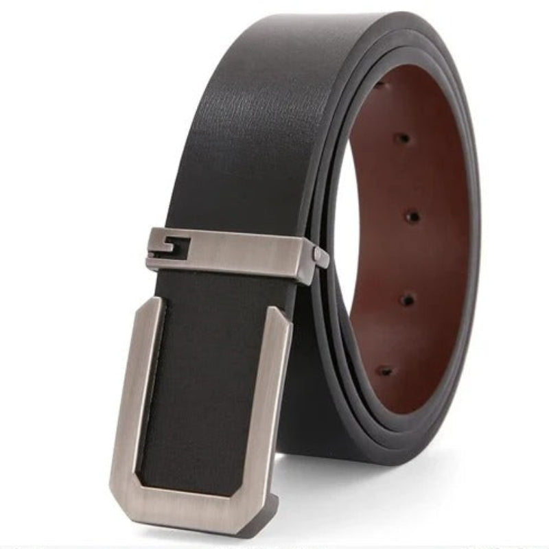 Modern black leather belt with brushed metal buckle, fashion accessory from My Best Store