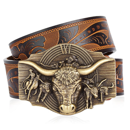Ceinture Cowboy, Cowgirl en cuir véritable Boucle Taureau Longues Cornes