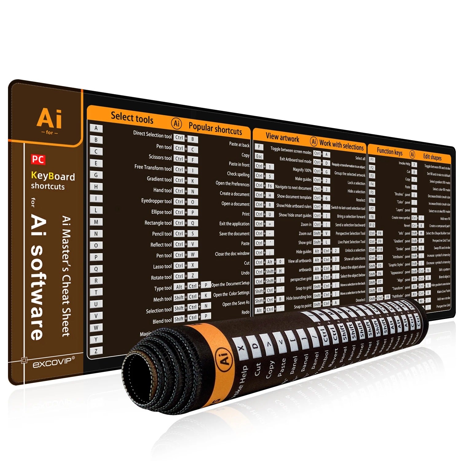 AI software keyboard shortcuts cheat sheet desk mat rolled and unrolled, orange and black design.