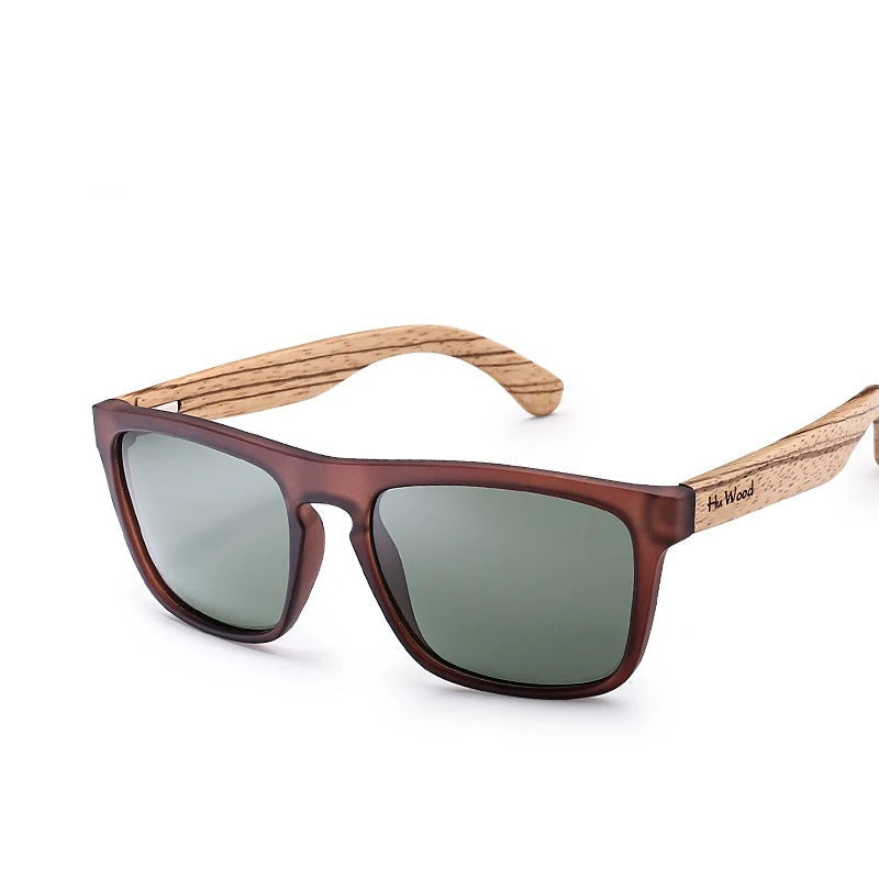 Modern brown sunglasses with green lenses and light wood arms, Hi Wood branding visible