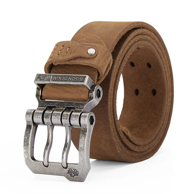 Brown leather belt with unique metal buckle, men's fashion accessory from My Best Store