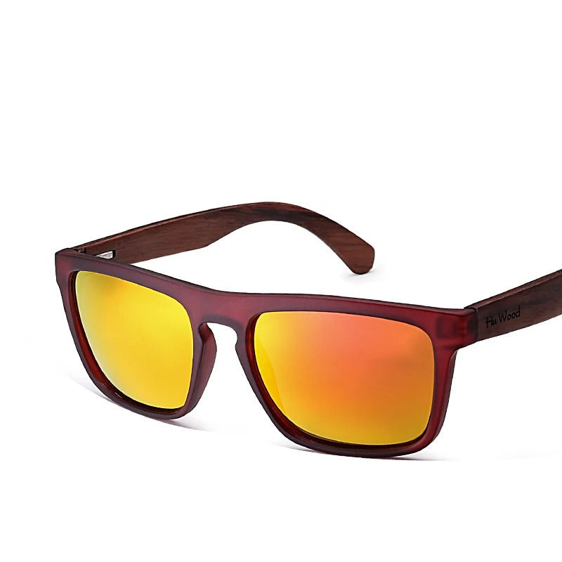 Fashionable red frame sunglasses with yellow mirrored lenses and wood-look arms, My Best Store accessory
