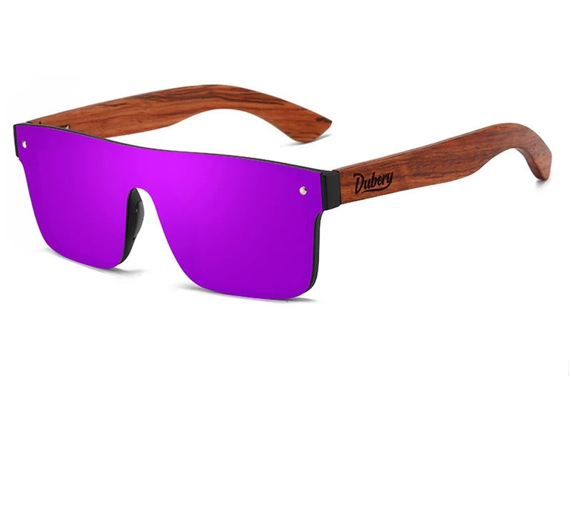 Stylish sunglasses with purple mirror lens and wood grain arms, fashion accessory from My Best Store