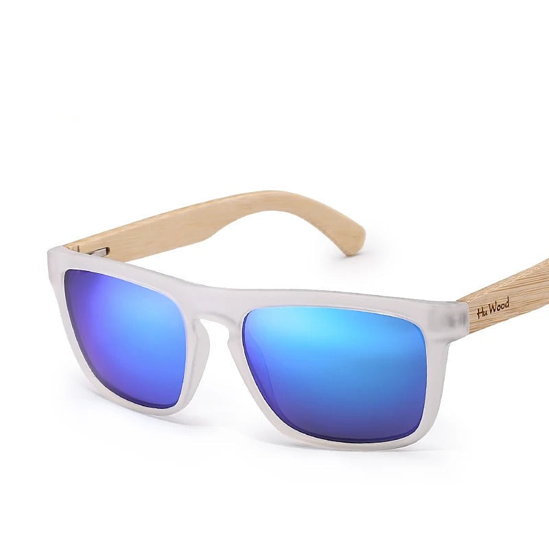 Trendy sunglasses with blue mirrored lenses and bamboo arms, stylish accessory from My Best Store.