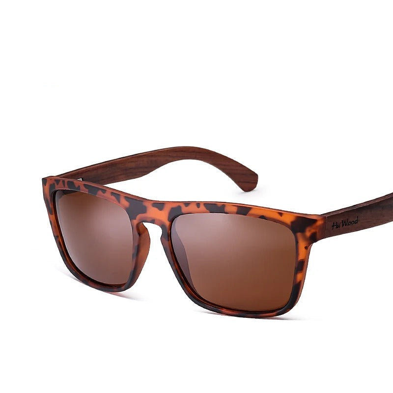 Tortoiseshell square sunglasses with brown lenses and wooden arms, fashion accessory